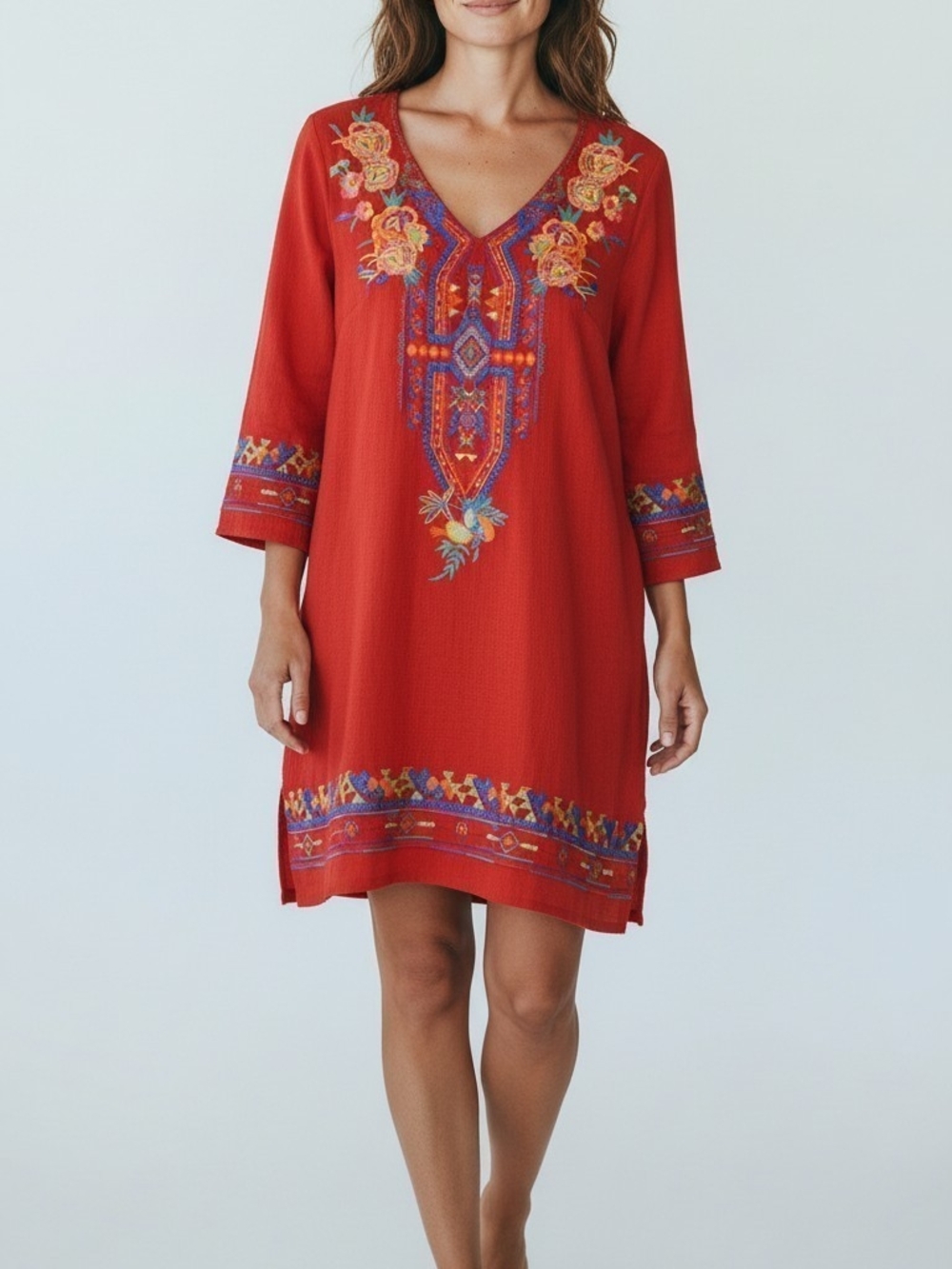CALESSA Red Embroidered Mini Dress Or Top